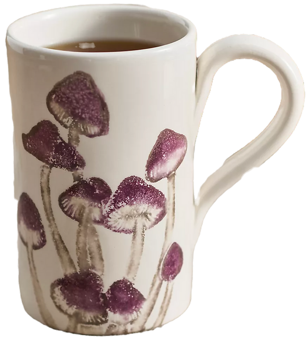 Cozy autumn decor and fall decorating ideas. Seasonal autumn decor llike this purple and white mushroom mug perfect for those crips fall mornings.