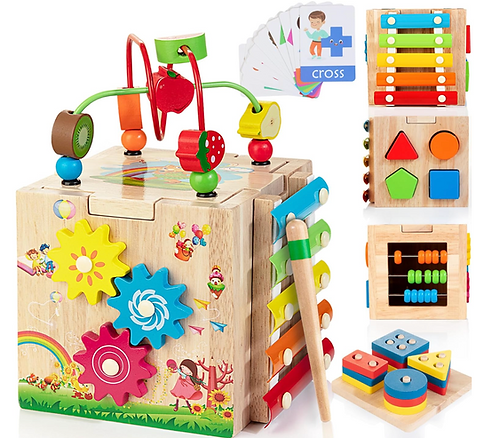 Montessori Based Toys for Mindful Learning  wooden activity cube toy for children ages 0 - 3