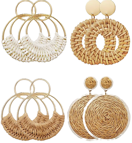 Nostalgic Jewelry: Retro & Vintage Inspired Designs  1970's boho bohemian raffia rattan dangle earrings in brown, tan and white