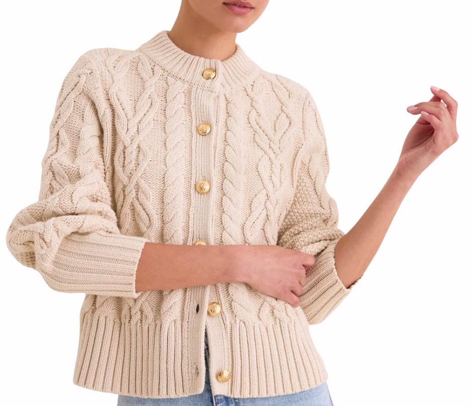 beige cable knit cardigan with gold buttons