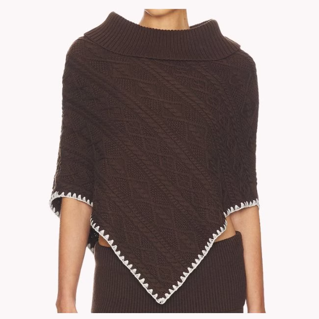 brown cable knit sweater poncho with white trim