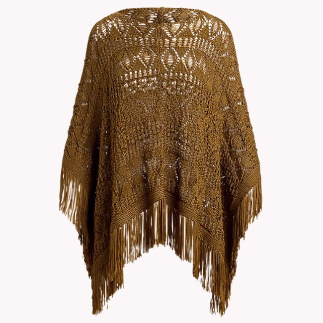 crochet mustard color poncho with fringe