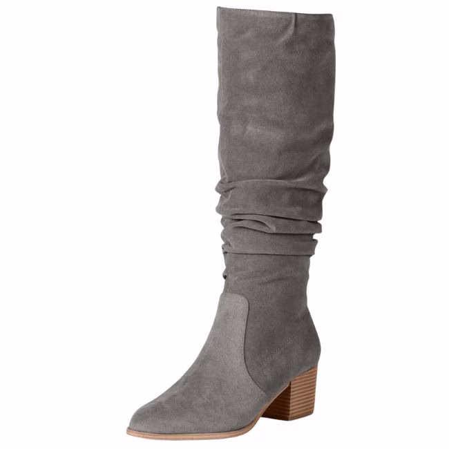 gray stretchy tall boots with tan heel