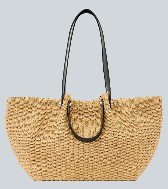 AllSaints beige woven tote bag with black handles