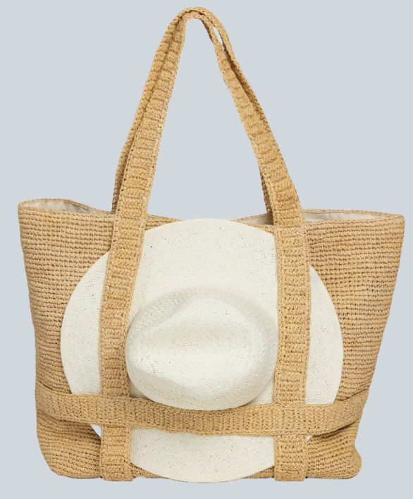 Straw Woven Tote Bag that holds a hat