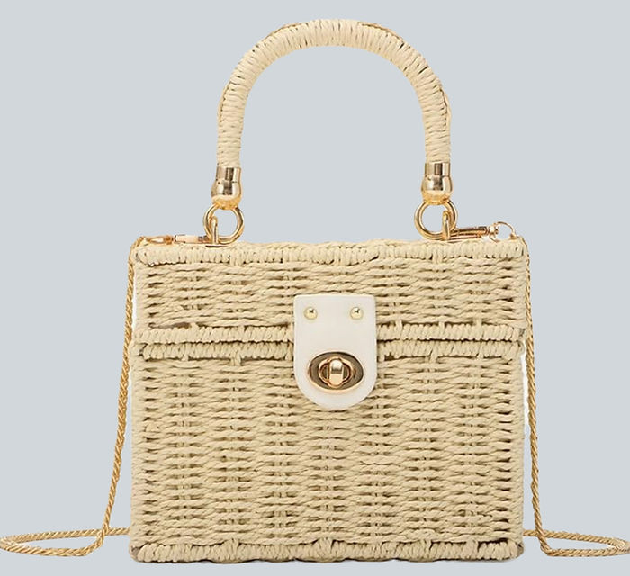 small structured woven top handle bag