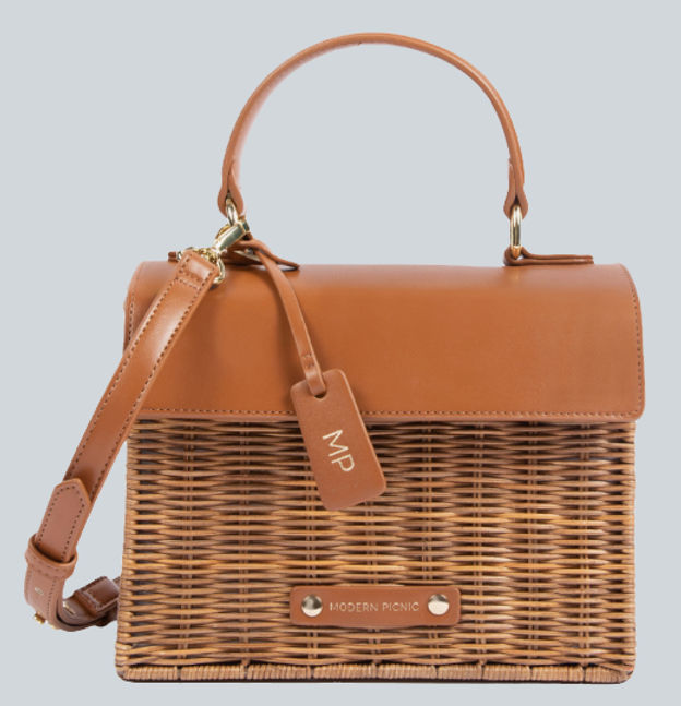 Wicker small structured handbag with leather top and leather strap