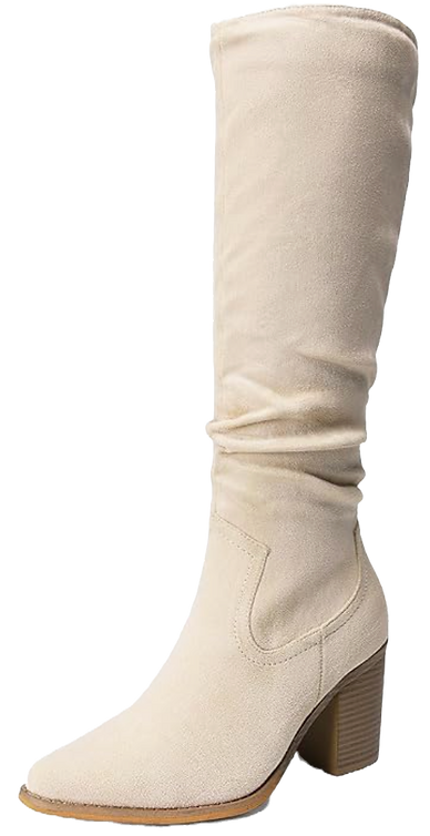 Knee High White Boot with a chunky heel for wide calves