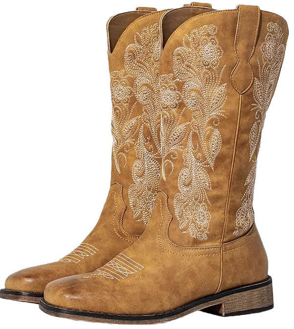 Tan cowboy boots with embroidery for wide calves