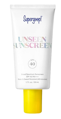 Super Goop sunscreen for faces in a white and yellow bottle