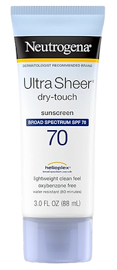 Neutrogena Ultra Sheer SPF 70 sunscreen in a white and blue bottle