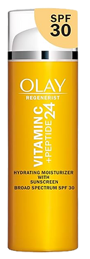 Olay Vitamin C Sunscreen in a yellow bottle with a white lid