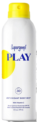 Supergoop! Sunscreen in a white bottle with yellow and blue designs