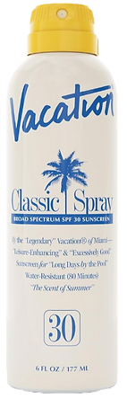 Vacation Sunscreen in a white blue and yellow bottle