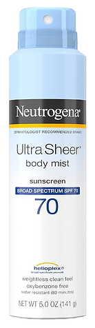 Neutrogena body mist sunscreen in white and blue bottle with black letters