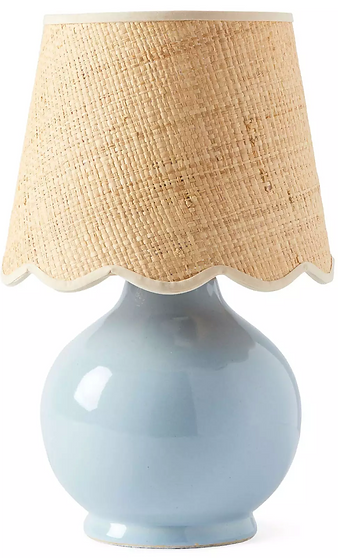 Small blue table lamp with scalloped edge rattan lamp shade