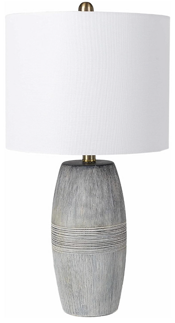 large ceramic table lamp with blue gray base and white lamp shade