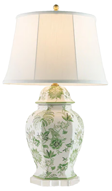 large green and white patterned table lamp with white lamp shade