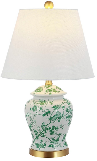 large green and white patterned table lamp from amazon with a white lamp shade