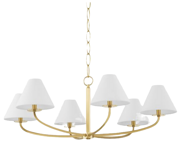 brass and gold chandelier with small white lamp shades
