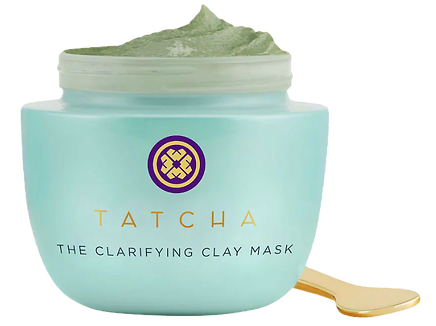 Tatcha clarifying clay mask with a blue container and green on top
