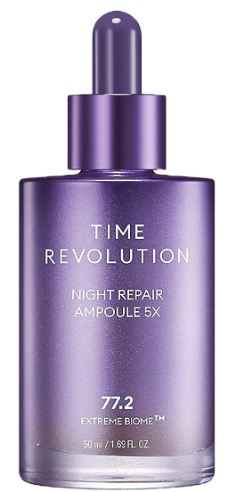 time revoluation night repair serum in a purple bottle