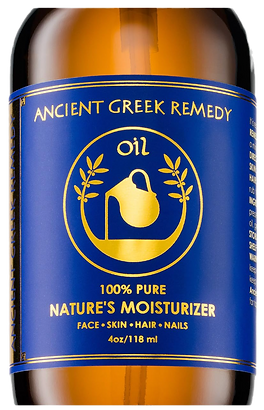 Ancient Greek Remedy Oil Moisturizer in a brown bottle with a blue and gold label