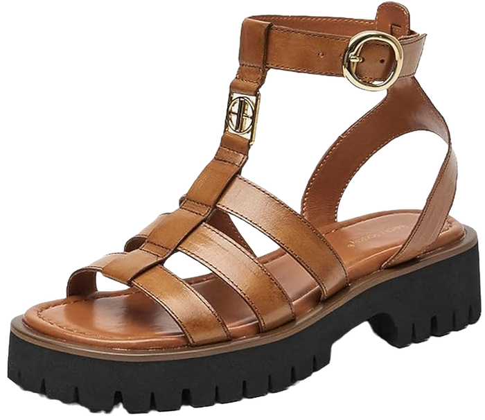 brown gladiator sandal with a black sole
