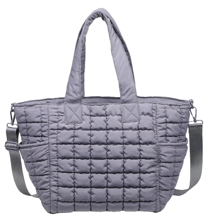 Purple quilted tote bag with shoulder strap and crossboxy strap similar to MZ Wallace