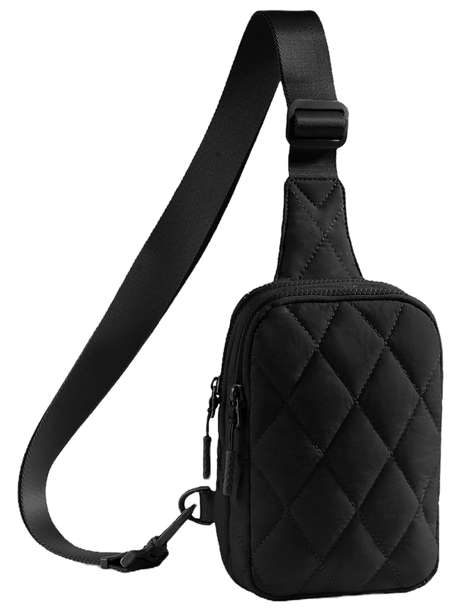 Black quilted sling bag crossbody tote similar to MZ Wallace