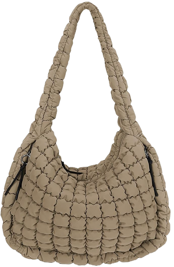 Tan quilted shoulder bag with one long shoulder strap similar to MZ Wallace
