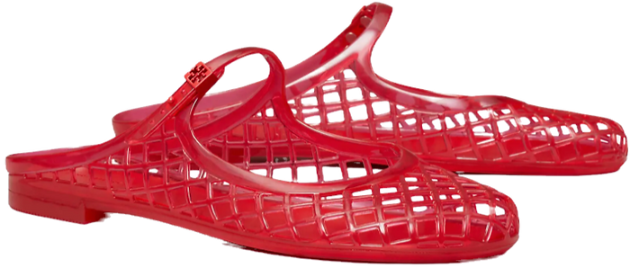 red jelly shoes that look like mary jane slides and mules