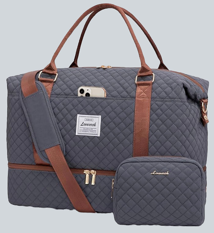 blue weekender bag with brown strap