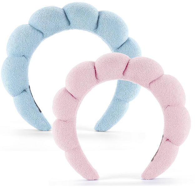 blue and pink absorbant head bands used to hold hair back while washing your face