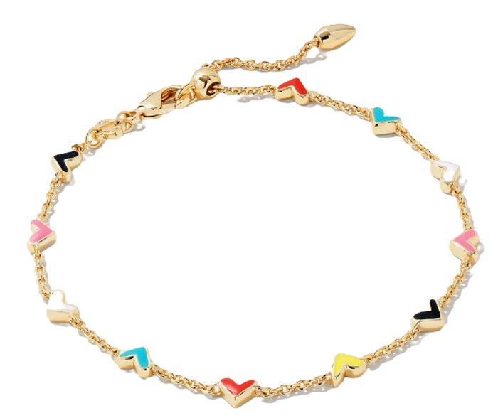 delicate bracelet with multicolor gold hearts all around it and a longer clasp