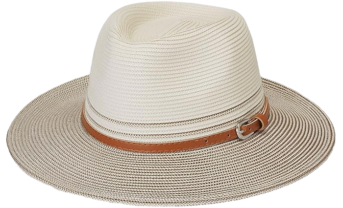 White and tan fedora summer hat with leather band and buckle