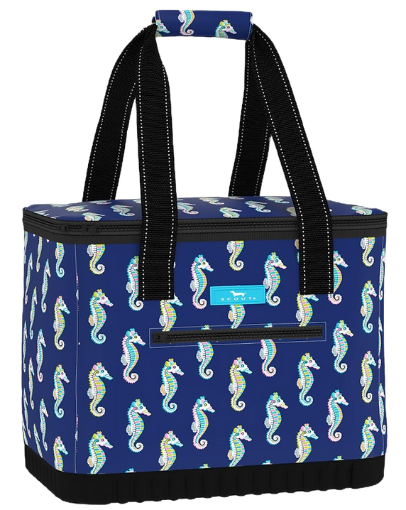 Soft sided cooler in blue with a design for the beach