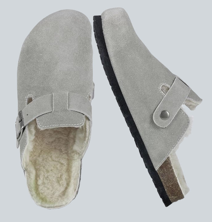 Birkenstock Clog Dupes in Gray with fur trim