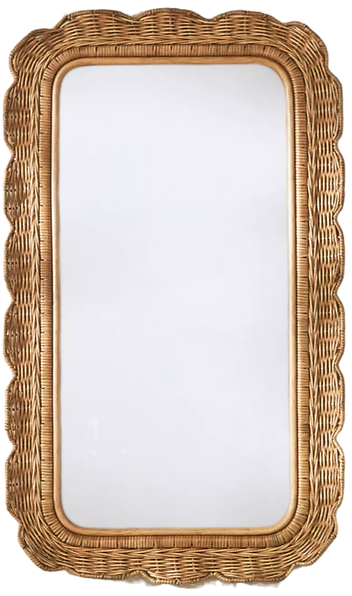 Oblong antique vintage looking wall mirror with thick gold scalloped decorative outside