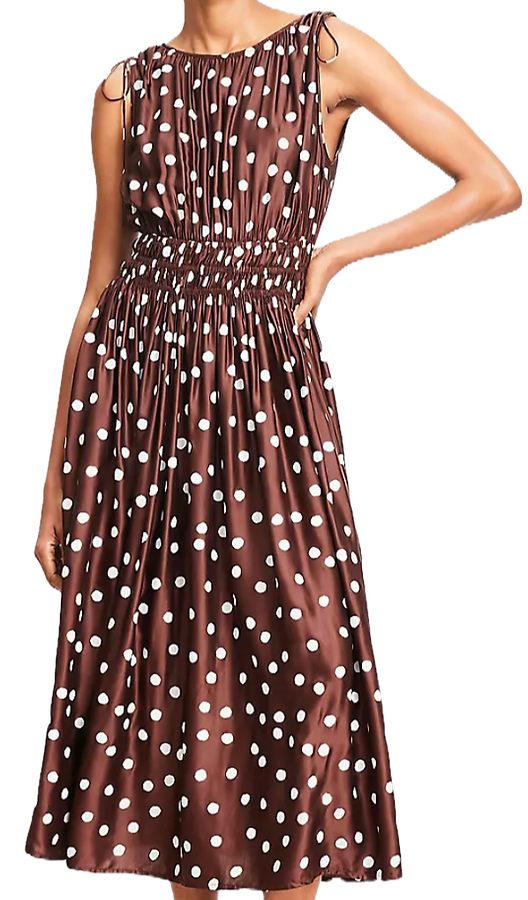 brown and white polka dot dress