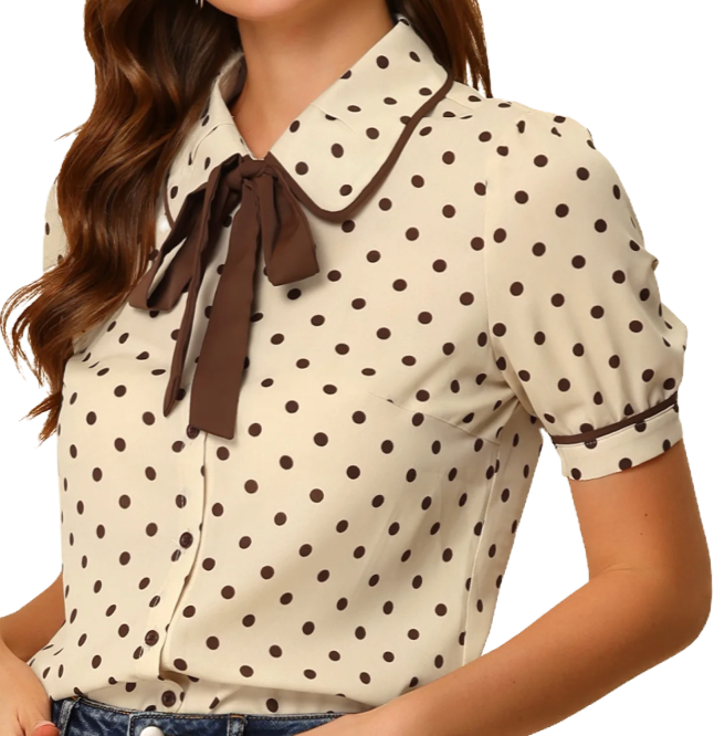 brown and white polka dot shirt with bow at collar