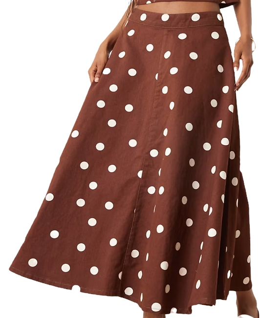 brown and white long polka dot skirt