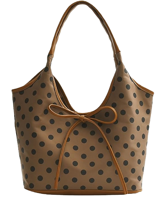 brown and black polka dot bag