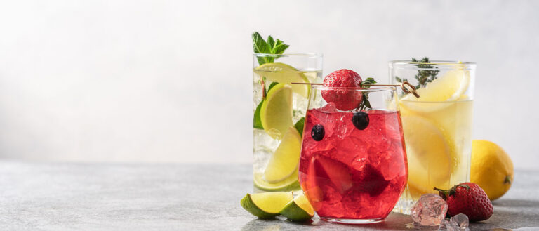 Mocktails wtih two glasses filled with fizzy water and fruit