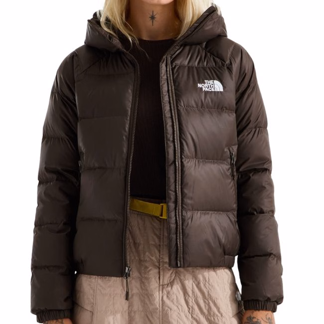 northface cropped puffer coat in chcolate brown