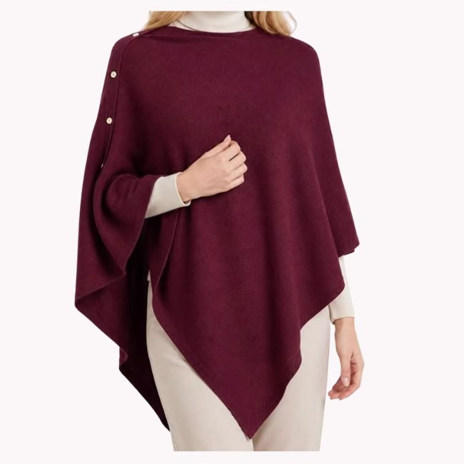oxblood sweater poncho with button details