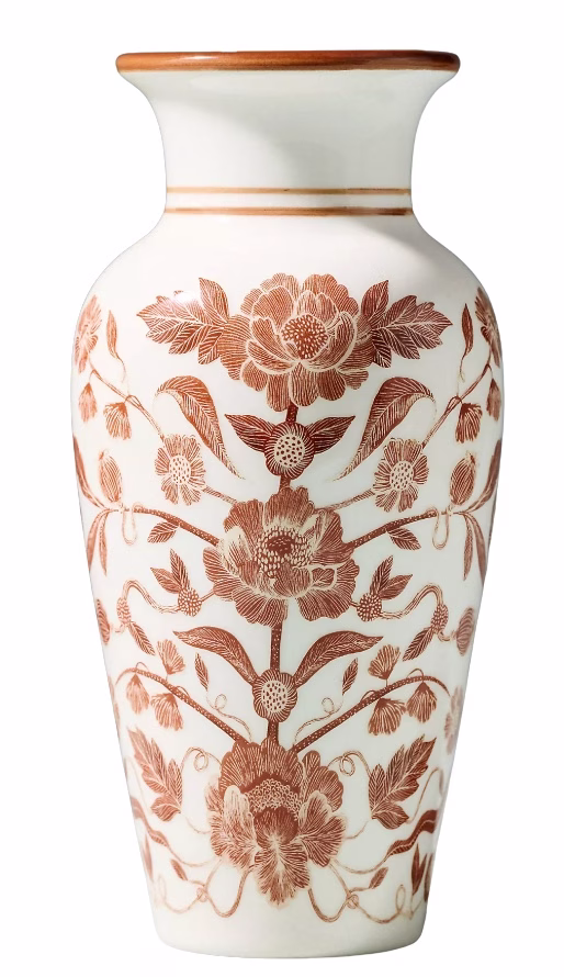 tall white vase with pretty amber flower etchings