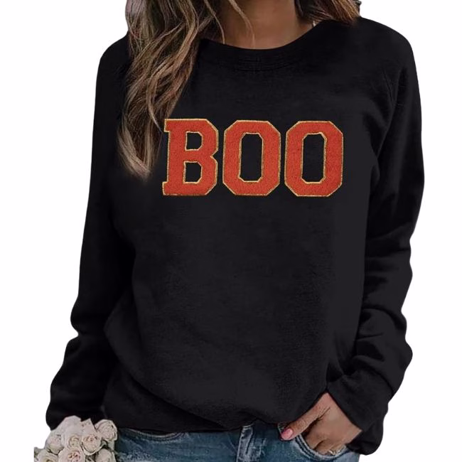 black sweatshirt with boo embroidered on it