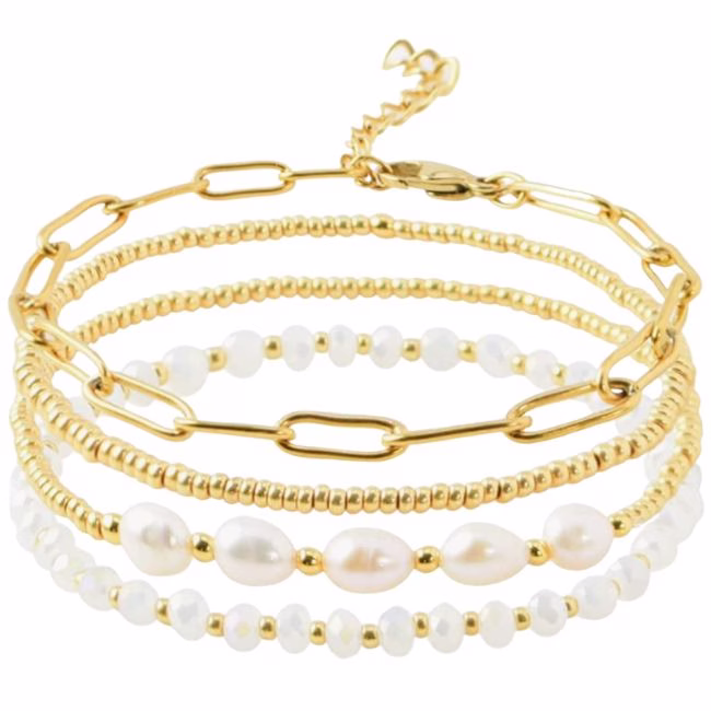dainey gold bead and pearl chain link bracelet stack in gold