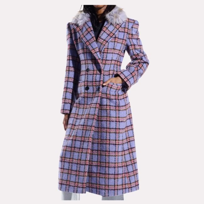 plaid jacket with faux fur trim collar